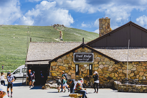 Colorado, USA: July 22, 2023: Alpine Visitor Center, highest in the National Park Service, sits at 11,796 feet on Trail Ridge Road in Rocky Mountain National Park offering exhibits and serving.