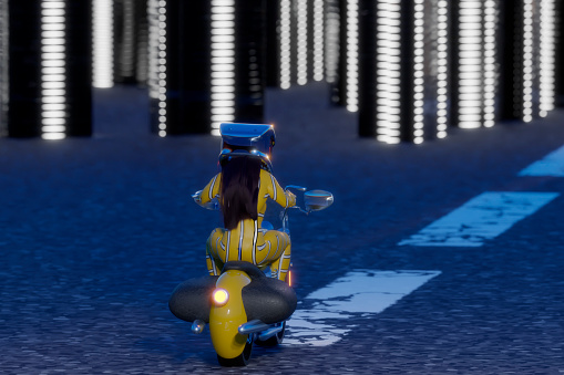 Woman rides motorcycle into a futuristic labyrinth filled with light while wearing a  suit and helmet and protective suit bokeh effect