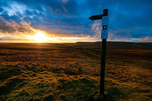 An image capturing the breathtaking sunset from the Cat and Fiddle area in Derbyshire, with the expansive Goyt Valley stretching out below. Situated on a vast moor, the valley is illuminated by the vibrant hues of the setting sun, creating a stunning contrast against the wild beauty of the moorland. This iconic viewpoint offers a serene and picturesque scene that encapsulates the natural splendor and tranquility of the Peak District.