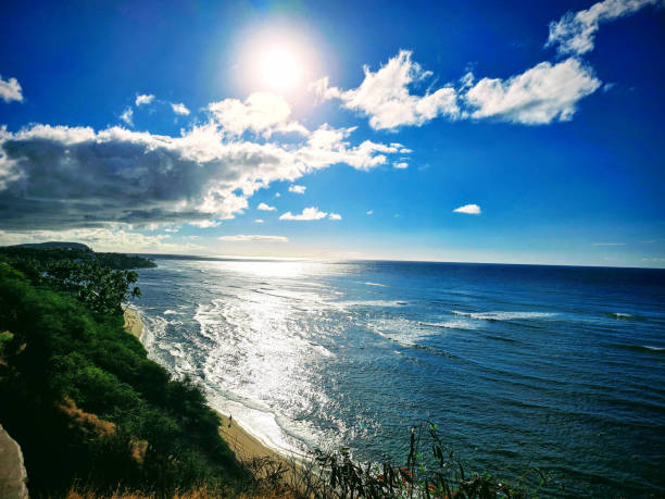 Capture the awe-inspiring view from the Diamond Head Lookout, where the vast Pacific Ocean stretches to infinity. In this breathtaking photograph, the serene waves kiss the sandy shore, while the skyâpainted with wisps of clouds and bathed in golden sunlightâinvites contemplation. The lookout stands as a vantage point, offering a moment of natural tranquility and wonder. Whether youâre a traveler seeking adventure or a dreamer lost in the horizon, this scene embodies the timeless allure of Hawaiiâs coastal beauty.