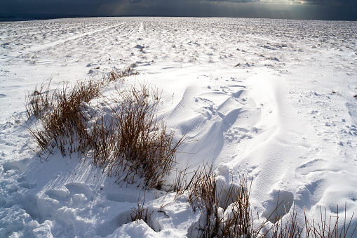 An image showcasing a snowy landscape at the Cat and Fiddle region of the Goyt Valley, where heavy snowfall blankets the moor in a pristine white cover. The serene and untouched beauty of the area is highlighted by the vast expanse of snow, transforming the rugged terrain into a tranquil winter wonderland within the Peak District.