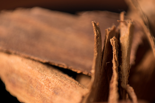 Close up of some dry cinnamon sticks on brown table
