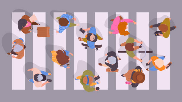 People on crosswalk top view. Pedestrians walking down the street view from above, male and female passersby crossing road flat vector illustration set. Characters crossing road top view