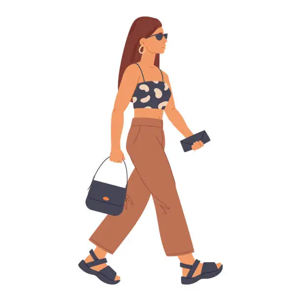 Vector illustration of Female character walking. Pretty girl walk alone, young woman going shopping, cafe or walking flat vector illustration. Cartoon woman on walk