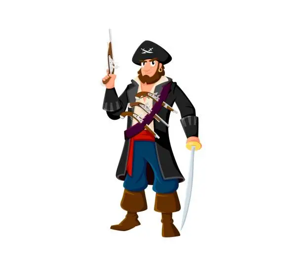 Vector illustration of Cartoon pirate and corsair character with a gun