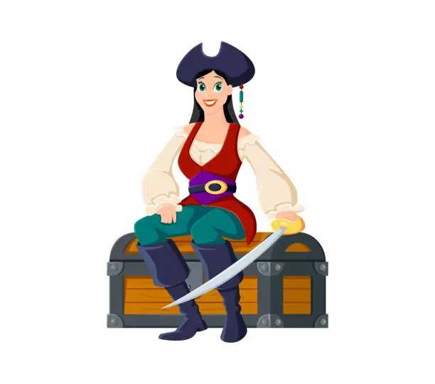 Vector illustration of Cartoon woman pirate sits atop a treasure trunk
