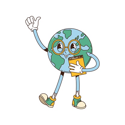 Groovy planet Earth cute cartoon character. Hippie cheerful solar system planet sticker, 60s happy Earth mascot or vintage cute isolated vector character. Groovy teacher or student funny personage