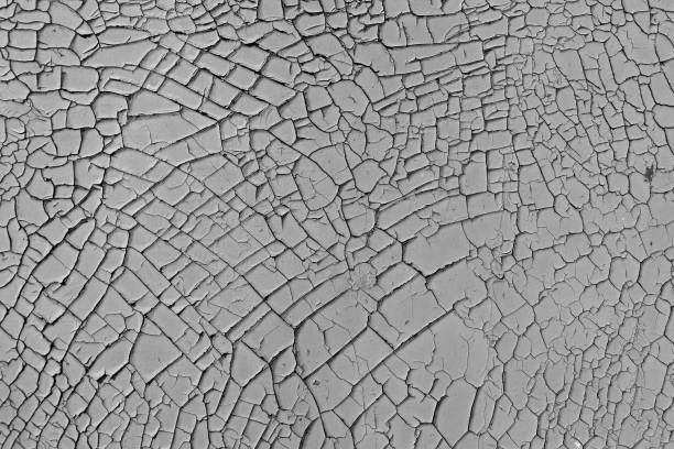 The texture of old, cracked peeling paint on metal. Gray, very dried, peeling paint.