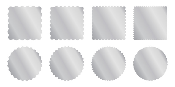 Set of silver square and circle sticker templates with wiggle borders. Shining labels, badges, price tags, coupons, stamps with wavy edges isolated on white background. Vector illustration.