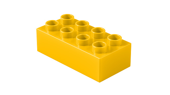 Amber Plastic Toy Block Isolated on a White Background. Children Toy Brick, Perspective View. Close Up View of a Game Block for Constructors. 3D Rendering. 8K Ultra HD, 7680x4320, 300 dpi