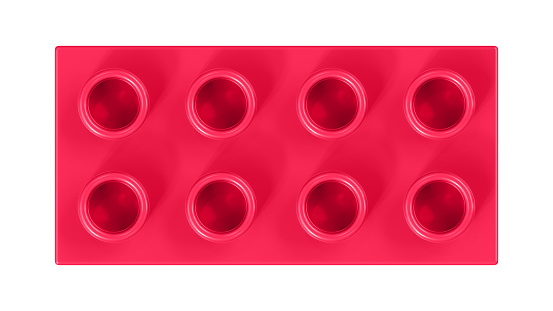 Magenta Pink Toy Block Isolated on a White Background. Close Up View of a Plastic Children Game Brick for Constructors, Top View. High Quality 3D Rendering with a Work Path. 8K Ultra HD, 7680x4320