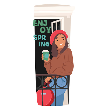Vibrant Enjoy Spring Banner with a Young Girl Character, Who Is Serenely Sipping Coffee On Her Balcony, Basking In The Rejuvenating Embrace Of The New Season. Cartoon People Vector Illustration