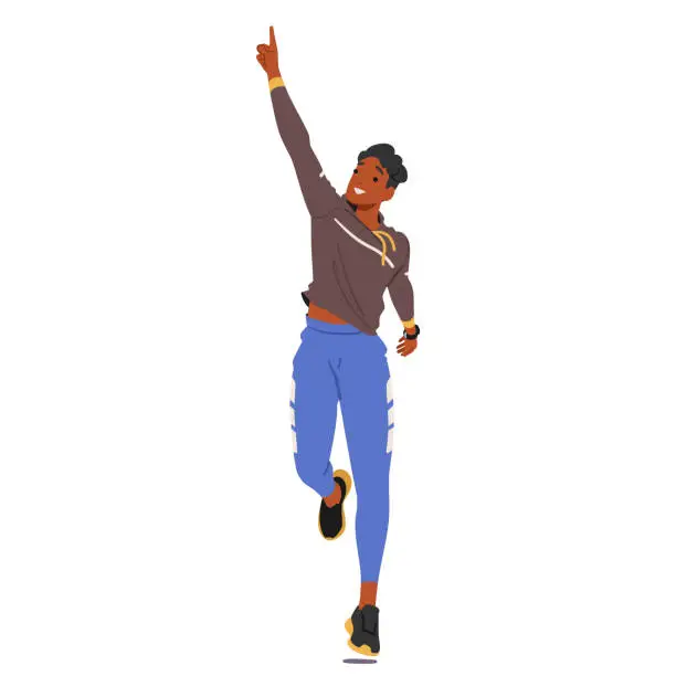 Vector illustration of Youthful Runner Athlete Male Character Poised In Motion, With An Index Finger Raised In Determination, Epitomizing Focus