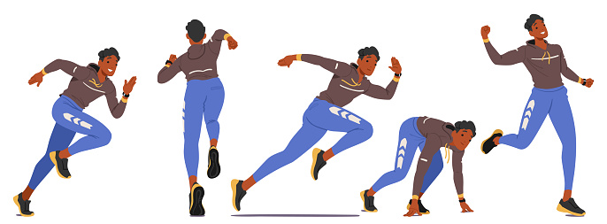 Young, Athletic Man Character Surges Forward With Determination, Arms Pumping Rhythmically. His Focused Gaze Is Ahead, Feet Striking The Ground In A Harmonious Blend Of Speed And Agility. Vector Set