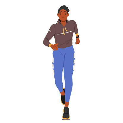 Young Man Athlete Character Dashes Forward With Determination. Muscles Defined, Sweat Gleaming, Embodies Speed And Endurance In His Powerful Running Front View Pose. Cartoon People Vector Illustration
