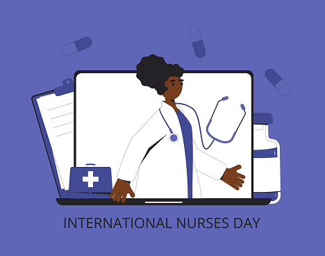 International nurses day text card. Holiday banner. Telemedicine concept, Female character and medical symbols flat illustration.