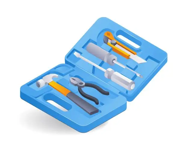 Vector illustration of Electrical repair carpentry tool box flat isometric 3d illustration