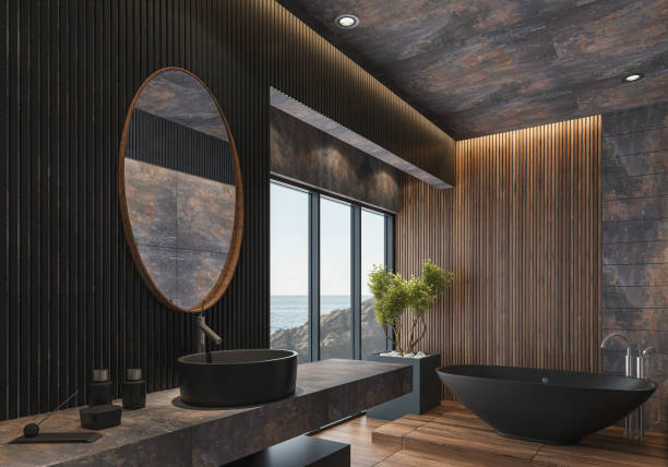 istock Modern Bathroom in Rustic Eco Stone and Wood Materials 2131397131