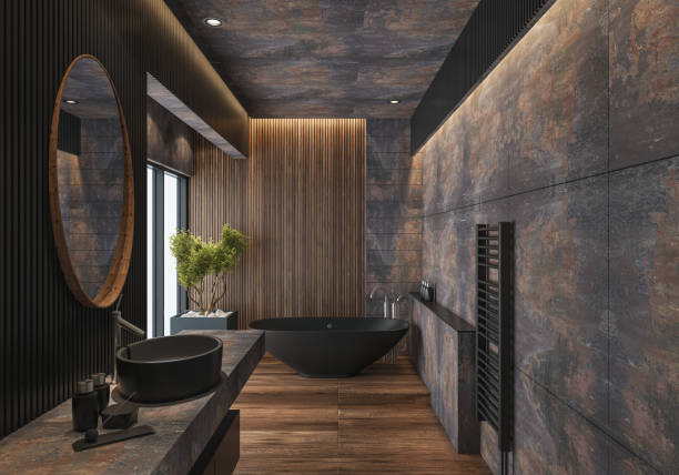 istock Modern Bathroom in Rustic Eco Stone and Wood Materials 2131397134