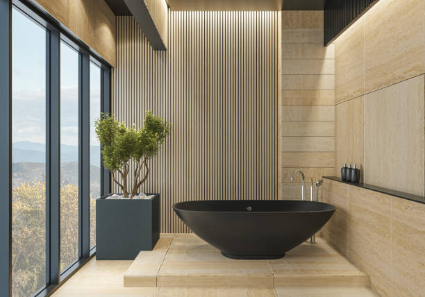 istock Modern Bathroom in Beige Eco Travertine Stone Tiles 2131398165