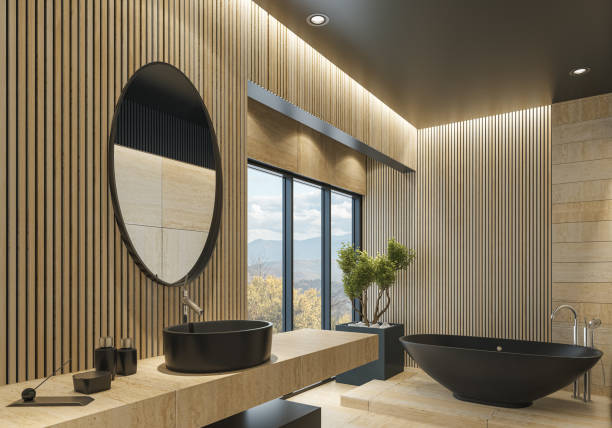 istock Modern Bathroom in Beige Eco Travertine Stone Tiles 2131399702