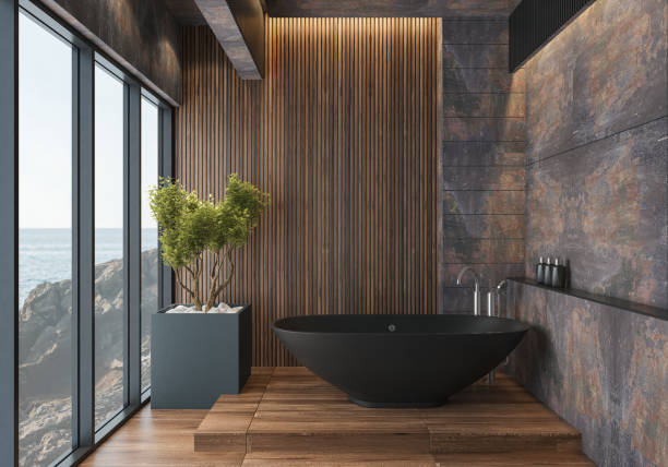 istock Modern Bathroom in Rustic Eco Stone and Wood Materials 2131399703