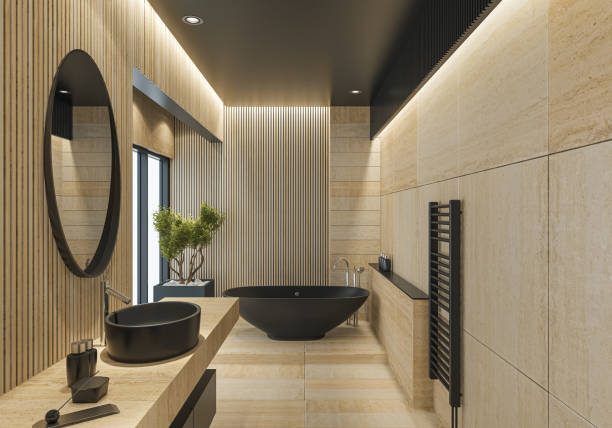 baño moderno en azulejos de piedra travertino ecológico beige - baños modernos para hogares inteligentes fotografías e imágenes de stock