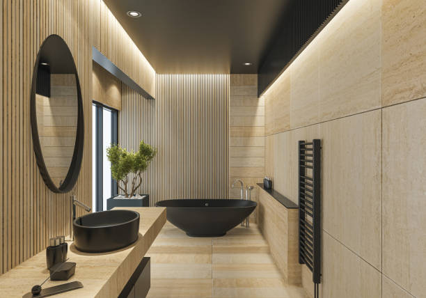 istock Modern Bathroom in Beige Eco Travertine Stone Tiles 2131399704