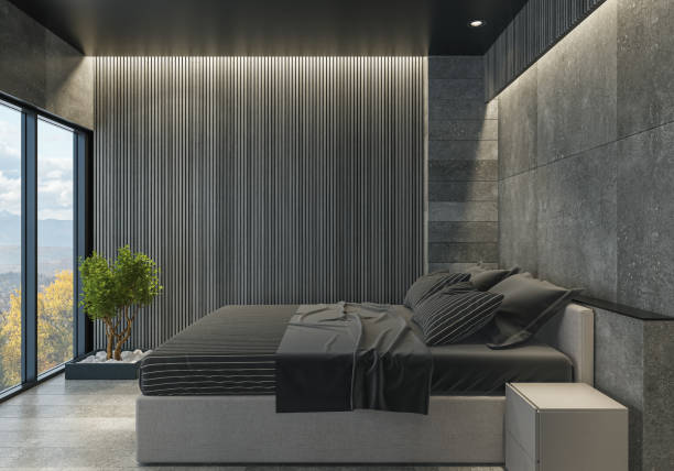 istock Modern minimalist bedroom with grey concrete tile materials. 2131431021