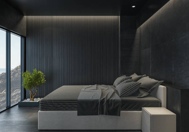 istock Modern minimalist bedroom with dark materials. 2131431527