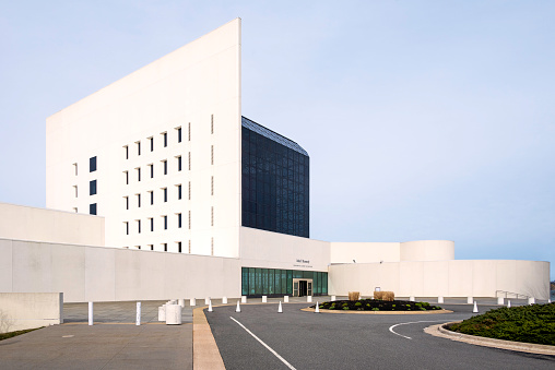 Boston, MA, USA - March 20, 2024: view of the iconic architecture of the President Kennedy Library and Museum in Boston, Massachusetts, USA on a sunny spring day.