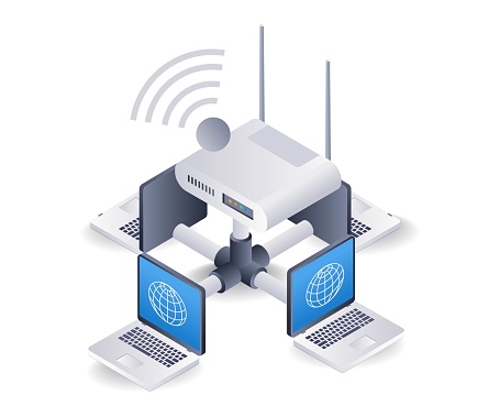 Internet router usage network concept, flat isometric 3d illustration