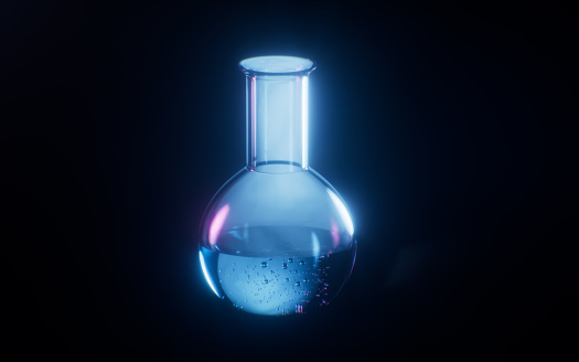 Chemical flask with dark neon light effect, 3d rendering. 3D illustration.