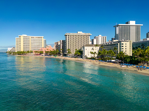 Aerial view of the skyline of Honolulu with Waikiki Beach and the skyscrapers. Oahu, Hawaii