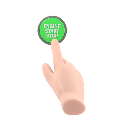 Engine starting and stopping system. Engine start. The person presses the finger on the start and stop button of car motor. 3D illustration flat design.3D rendering on white background.