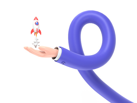Cartoon hand holding rocket icon that takes off launch on blue background. Launch business product on market. Startup business concept.long arms concept.
