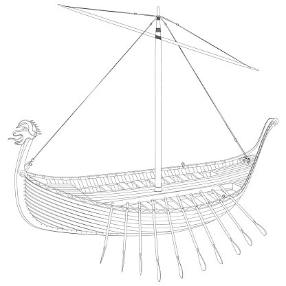 Drakkar. Viking rowing Ship in line art. Norman ship sailing. Vector illustration isolated on white background.