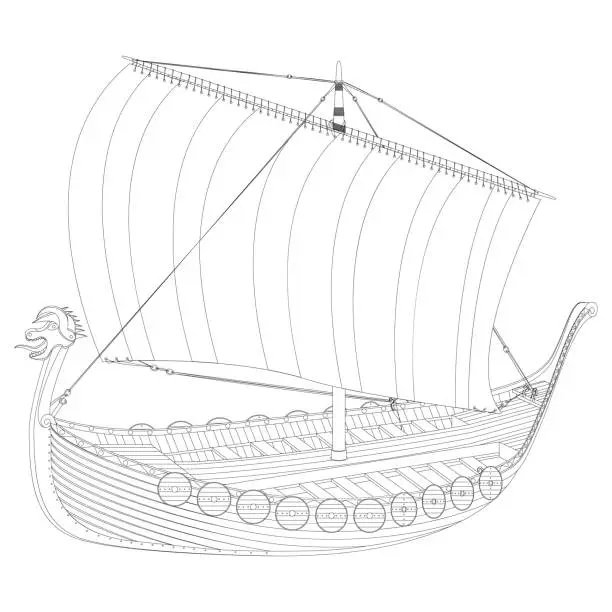 Vector illustration of Viking scandinavian draccar in line art. Norman ship sailing.