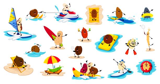 cartoon cheerful nuts and beans on summer beach - nut walnut almond brazil nut stock illustrations