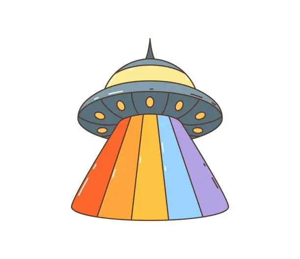 Vector illustration of Groovy retro cartoon hippie flying UFO saucer
