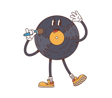 Cartoon vinyl disc groovy character sings passionately into a microphone, embodying the soulful vibe of classic music. Isolated vector retro record colorful, vintage, hippie style musical personage