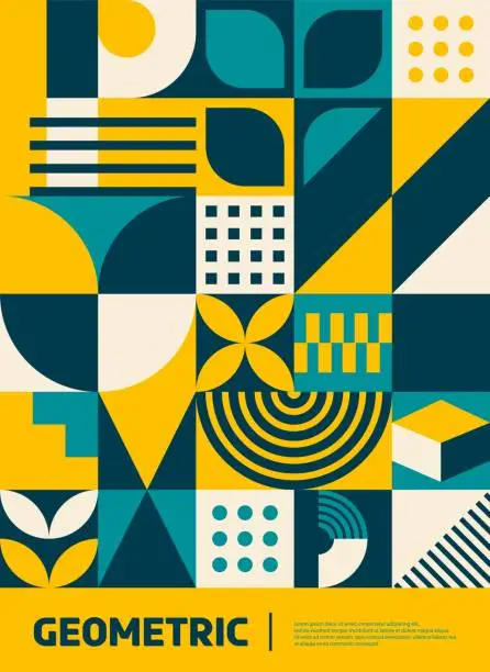 Vector illustration of Yellow, dark and turquoise bauhaus pattern poster