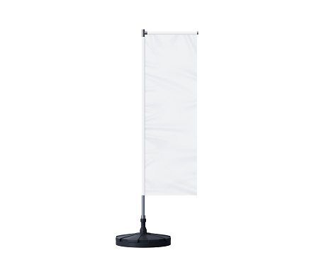 Realistic banner stand, beach flag isolated 3d vector blank mockup featuring a clean rectangular textile billboard. Fabric ads display for branding, graphics and advertising in a outdoor setting
