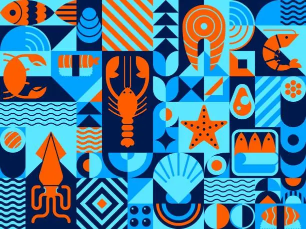 Vector illustration of Abstract seafood modern geometric pattern.