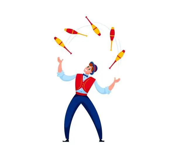 Vector illustration of Cartoon circus juggler character juggle with maces