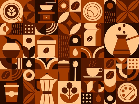 Hot coffee drink abstract geometric pattern. Geometrical shape composition, retro vector background or corporate identity abstract pattern with coffee bean, leaf, turkish jezve, takeaway paper cup
