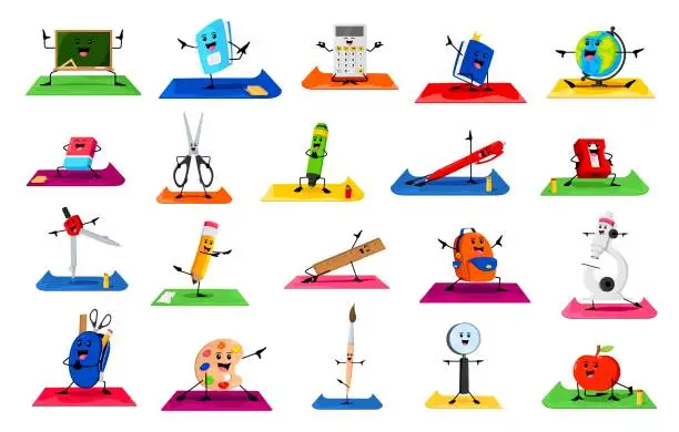 Vector illustration of Cartoon school supply characters on yoga fitness