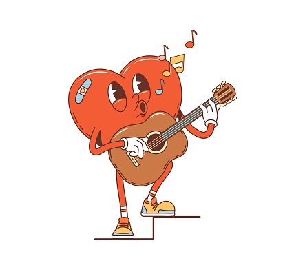 Cartoon retro groovy Valentine heart singer character with guitar, vector comic art. Happy heart in love singing serenade for Valentine holiday, 70s hippie or hipster groovy character of heart in love