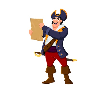 Cartoon pirate and corsair captain character with treasure map. Isolated vector buccaneer in tricorn hat clutches a weathered parchment, eyes gleaming with anticipation for buried riches and adventure