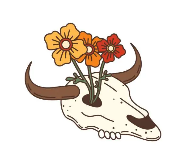 Vector illustration of Wild west western cow skull groovy item and blooms